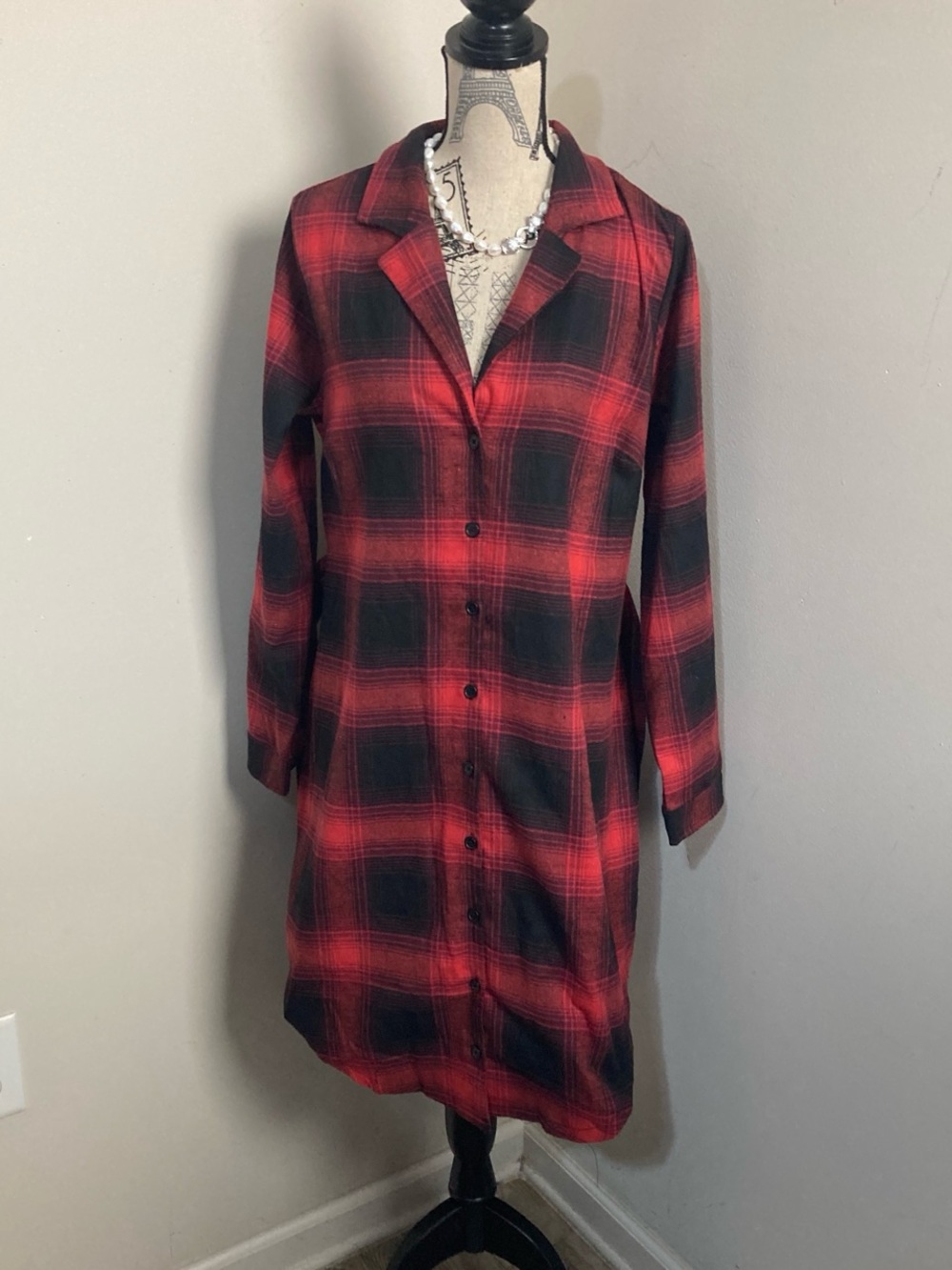 New Look Red and Black Long Sleeve Plaid Shirt Dress